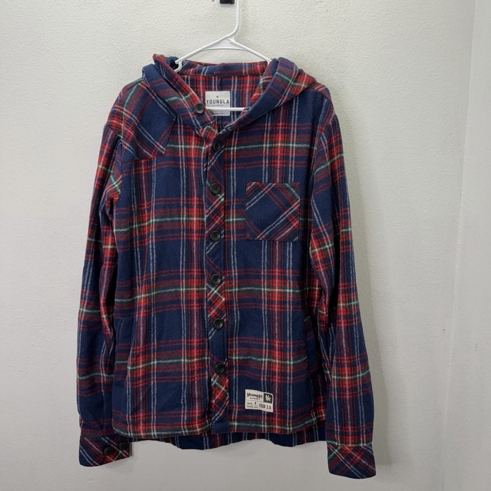 YoungLA Jacket Mens M Red Blue Plaid Button Up Heavy Shacket Flannel Hooded